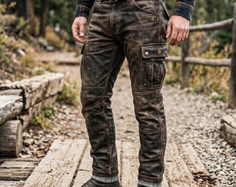 Distressed Braun-Leder Cargo-Hose Herren, Echt-Leder Motorradhose Biker Ausrüstung, Heavy-Duty Lammfell Taktische Cargo-Hose Multi-Pocket
