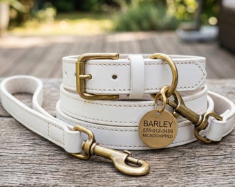 Weißes Leder Hundehalsband und Leine Set mit individuell graviertem Messing ID Tag