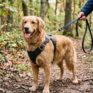 May include: A golden retriever wearing a black leather dog harness with brass hardware, attached to a matching black leather leash. The harness features adjustable straps and a gold-toned bone-shaped identification tag on the collar.