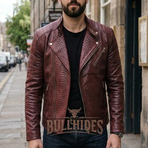 Handmade Men’s Burgundy-Snake Textured Leather-Jacket | Genuine-Lambskin Python Print Biker-Jacket | Luxury-Exotic Moto-Style Coat | Gift