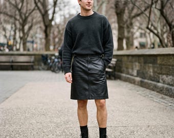 Herren-Lederrock, Kilt aus schwarzem Lammleder, Minirock aus echtem Leder für Herren, Utility-Rock aus echtem Leder, Lederrock-Outfit für Herren