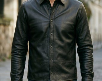 Men's Black Genuine Lambskin Leather Minimalist Button-Down Shirt