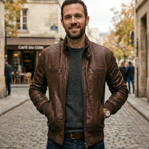 Men's Chocolate-Brown Snake-Textured Leather-Jacket, Genuine-Leather Biker-Jacket with Python-Print, Exotic-Embossed Moto Bomber, Gift