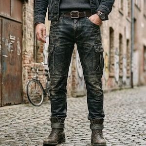 Könnte beinhalten: Dunkel gewaschene Cargo-Jeans mit mehreren Taschen und Used-Details. Die Jeans werden mit einem braunen Ledergürtel und passenden Stiefeln getragen. Das Model steht auf einem Kopfsteinpflaster.
