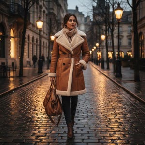 May include: A brown shearling coat with cream-coloured lining and trim, worn by a person walking on a cobbled street. The coat has a belt and is paired with a brown leather handbag and boots. The background features streetlights and buildings.