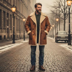 May include: A brown shearling coat with a cream shearling lining and collar. The coat features two rows of buttons and two pockets. The person is wearing a green sweater, blue jeans, and brown boots. The background is a cobbled street with streetlights.