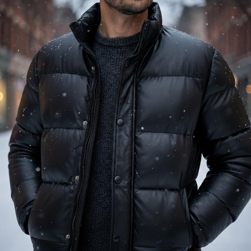 Men's Black Leather Puffer-Jacket, Real-Lambskin Puffer-Coat, Quilted Leather Winter-Jacket, Luxury Streetwear-Puffer, Warm-Leather-Parka