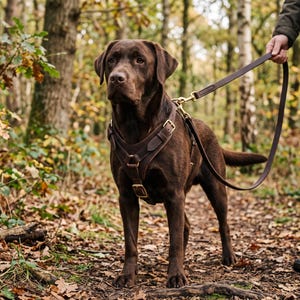 May include: A chocolate Labrador retriever wearing a dark brown leather dog harness with brass buckles and hardware. The harness is connected to a matching dark brown leather leash held by a hand, featuring a brass swivel clip attachment.