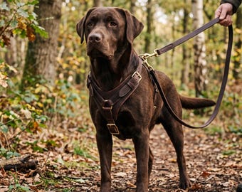 Dark-Brown Leather Dog-Harness with Leash | Full-Grain Cowhide Padded-Vest | Handmade Heavy-Duty Adjustable Service-Dog Harness-Set