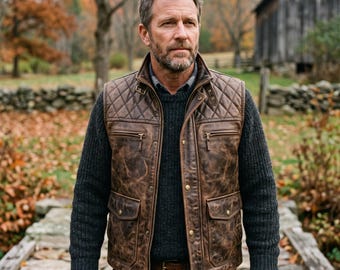 Distressed-Leather Vest Men, Quilted-Leather Vest Brown, Cowhide-Biker Vest, Vintage-Style Motorcycle Leather-Vest, Outerwear Gift-for-Him