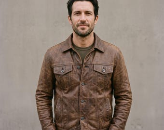 Herren-Lederjacke aus braunem Rindsleder im Used-Look | Western-Cowboy-Stil, Motorrad-Oberbekleidung
