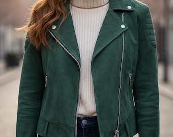 Giacca da motociclista in pelle scamosciata verde smeraldo per donna, giacca da motociclista in vera pelle, cappotto autunnale verde bosco, dettagli trapuntati sulle spalle, regalo per lei