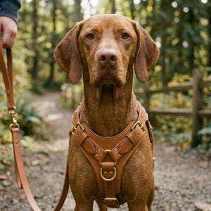 以下が含まれることがあります： 茶色の犬が、茶色の革のハーネスとリードを着用し、森の中の小道に立っています。犬は短い茶色の毛皮をしており、カメラをまっすぐ見ています。ハーネスには真鍮製の金具が付いています。