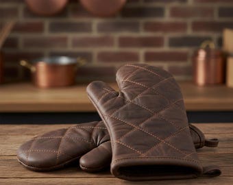 Guanti da forno di lusso in pelle trapuntata - Guanti da cucina resistenti al calore color marrone scuro, presine professionali fatte a mano di qualità da chef, regalo di inaugurazione della casa