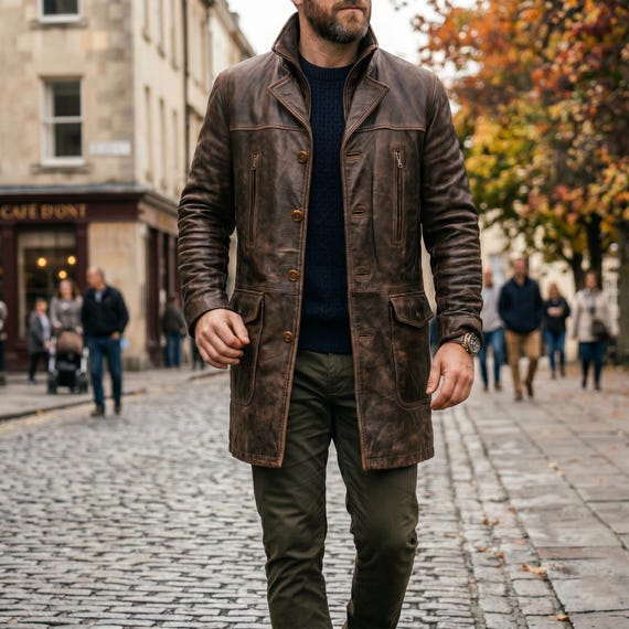 Men’s Brown Leather-Coat, Mid-Length Full-Grain Leather-Jacket, Handmade Vintage-Style Trench, Classic Leather-Parka, Gift-for-Him