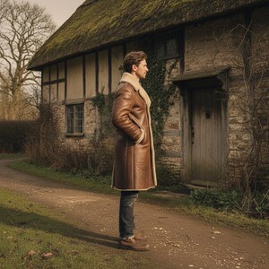 Peut inclure: Un long manteau en cuir marron avec une doublure en peau de mouton cr&egrave;me. Le manteau est port&eacute; sur un jean bleu fonc&eacute; et des bottes marron. La personne se tient sur un chemin de terre devant un cottage en pierre avec un toit de chaume.