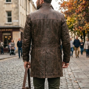 Pu&ograve; includere: Un cappotto in pelle marrone con finitura strutturata. Il cappotto ha una chiusura con bottoni, un dettaglio a cintura in vita e un colletto classico. La persona cammina su una strada acciottolata.