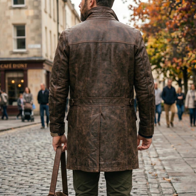 Pu&ograve; includere: Un cappotto in pelle marrone con finitura strutturata. Il cappotto ha una chiusura con bottoni, un dettaglio a cintura in vita e un colletto classico. La persona cammina su una strada acciottolata.