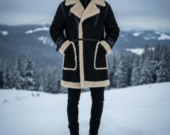 Abrigo de ante y piel de oveja negro mate para hombre / Chaqueta bomber de cuero B3 hecha a mano, gabardina larga de invierno con cuello de piel de oveja, parka de aviador de piel de oveja