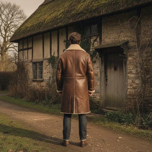 Peut inclure: Un manteau en cuir marron avec un col et des poignets en peau de mouton cr&egrave;me. Le manteau est long jusqu'aux genoux et a un design classique. La personne porte un jean bleu et des bottes marron.