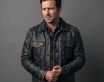 Schwarze Herren-Lederjacke im Used-Look | Western-Cowboy-Lederjacke | Truckerjacke im Vintage-Stil mit Knopfleiste, Echtleder-Oberbekleidung