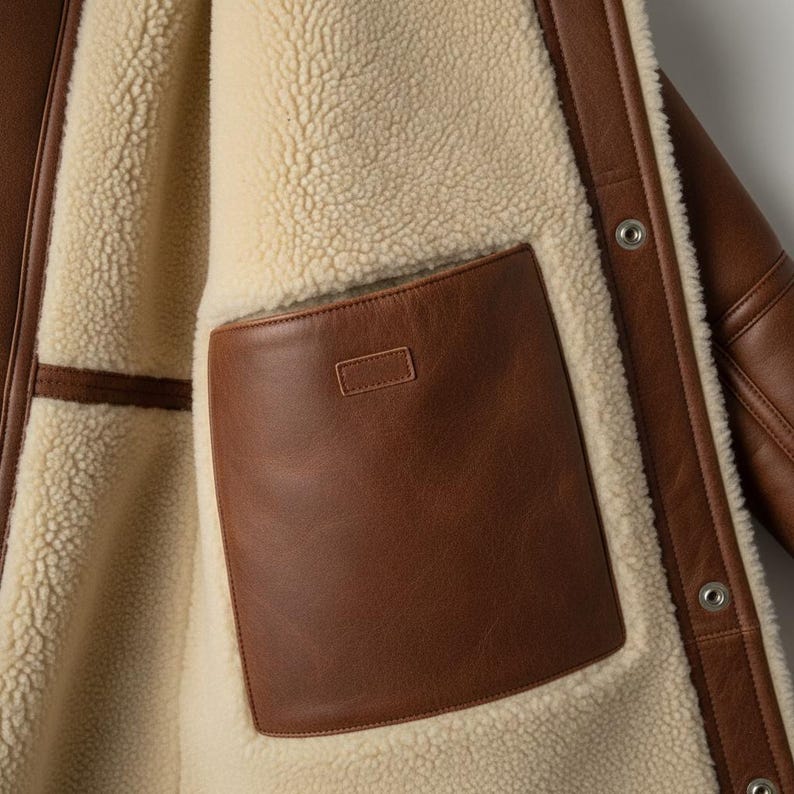 Peut inclure: Gros plan sur l'int&eacute;rieur d'une veste en cuir marron. La veste pr&eacute;sente une doublure cr&egrave;me et moelleuse et une grande poche rectangulaire en cuir marron. L'ext&eacute;rieur de la veste est visible, montrant le cuir marron et les d&eacute;tails des boutons m&eacute;talliques.