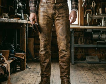 Herren Vintage-Braune Lederhose – Handgemachte abgenutzte Lammfell Biker-Hose – Slim-Fit Jeans im Western-Stil – robust, Geschenk