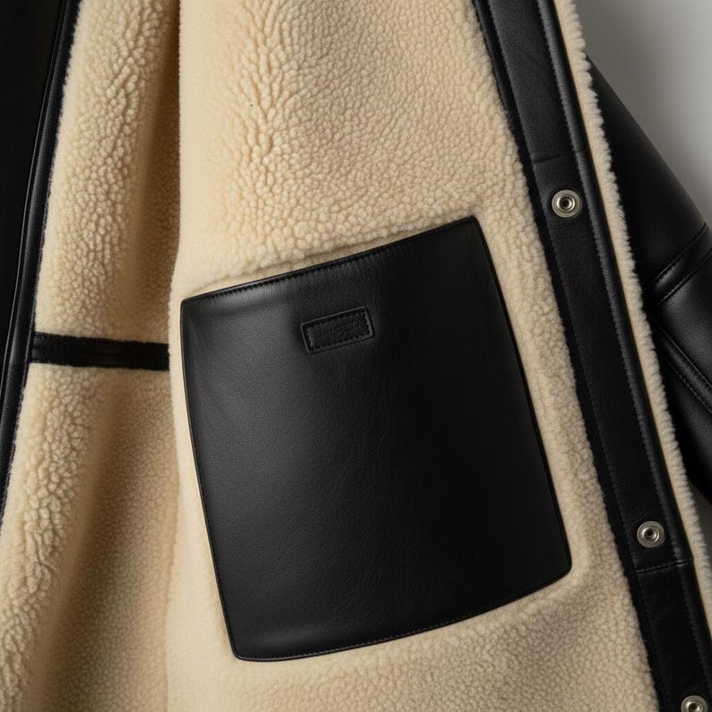 Peut inclure: Gros plan sur l'int&eacute;rieur d'une veste en cuir noir avec une doublure cr&egrave;me et moelleuse. Une grande poche rectangulaire en cuir noir est cousue dans la doublure. La veste a des bordures en cuir noir et des boutons-pression argent&eacute;s.