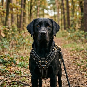 Puede incluir: Un labrador negro con un arnés de cuero negro con herrajes dorados está en un bosque. El perro mira directamente a la cámara. El fondo está borroso con árboles y hojas caídas.