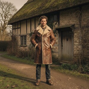 Peut inclure: Un long manteau en cuir marron avec une doublure et un col en peau de mouton cr&egrave;me. Le manteau a une fermeture &agrave; boutons et des poches. La personne porte un jean bleu et des bottes marron. En arri&egrave;re-plan, un cottage en pierre avec un toit de chaume.