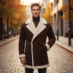 May include: A brown double-breasted coat with a cream-colored shearling collar and trim. The coat has a classic design with a tailored fit, featuring a button closure and front pockets. The model is wearing a brown turtleneck.