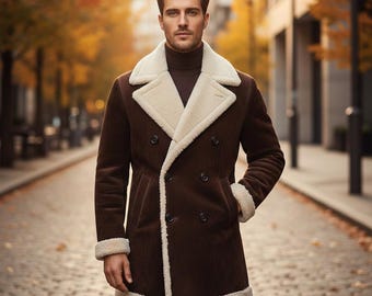 Manteau pour homme en daim et peau retournée marron, veste d'hiver croisée, trench-coat en cuir véritable et daim, peau de mouton, veste aviateur, luxe/cadeau pour homme