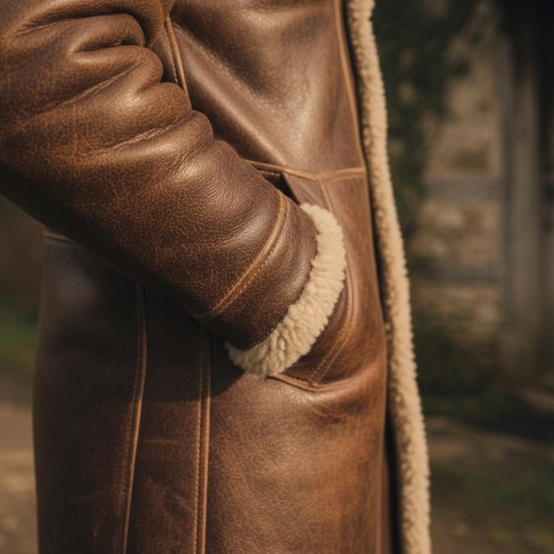 Peut inclure: Un manteau en cuir marron avec une doublure en peau de mouton cr&egrave;me visible aux poignets et sur le bord avant. Le manteau a une finition vieillie et une poche est visible. La manche est pli&eacute;e au coude.