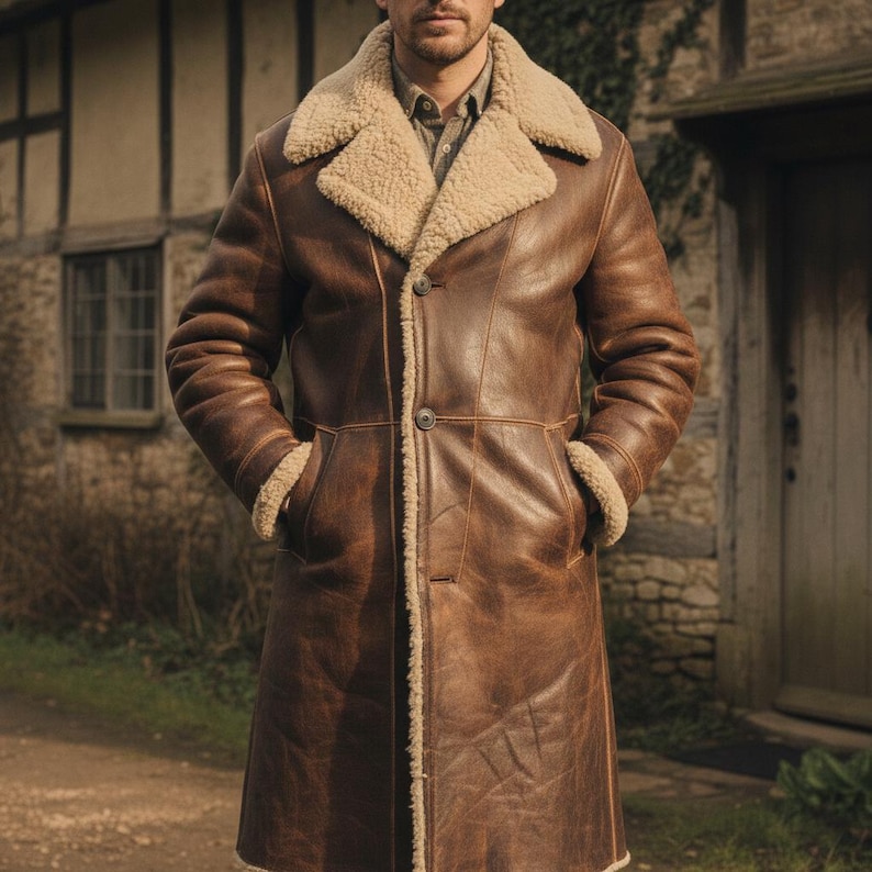 Peut inclure: Un long manteau en cuir marron avec un col et une doublure en peau de mouton. Le manteau a une fermeture &agrave; boutons et des poches. Le mod&egrave;le porte une chemise boutonn&eacute;e en dessous. Le manteau semble &ecirc;tre port&eacute; &agrave; l'ext&eacute;rieur.