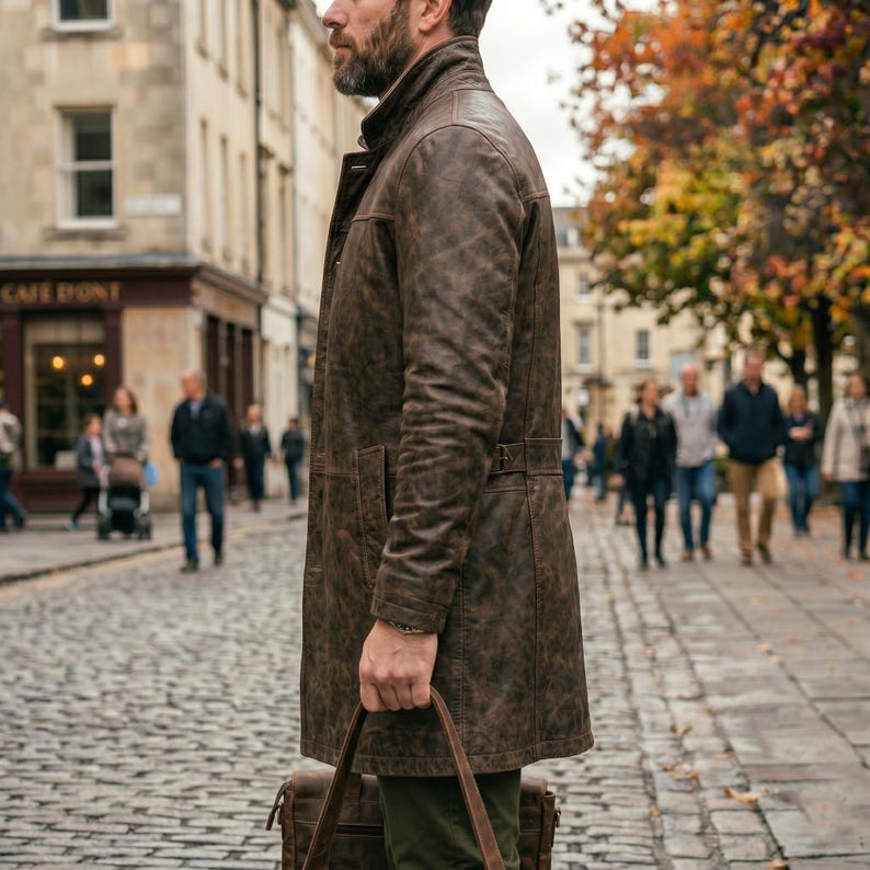 Pu&ograve; includere: Un cappotto lungo in pelle marrone con chiusura a bottoni e dettaglio cintura. Il cappotto &egrave; indossato sopra pantaloni verdi ed &egrave; abbinato a una borsa in pelle marrone. L'immagine &egrave; scattata in una strada acciottolata.