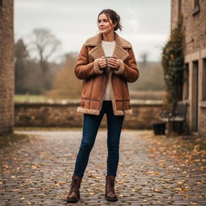 May include: A woman wearing a brown shearling jacket with a cream-colored sweater and dark blue jeans. She is holding a mug and wearing brown lace-up boots. The jacket has a shearling collar and lining. The background shows a brick pathway and buildings.