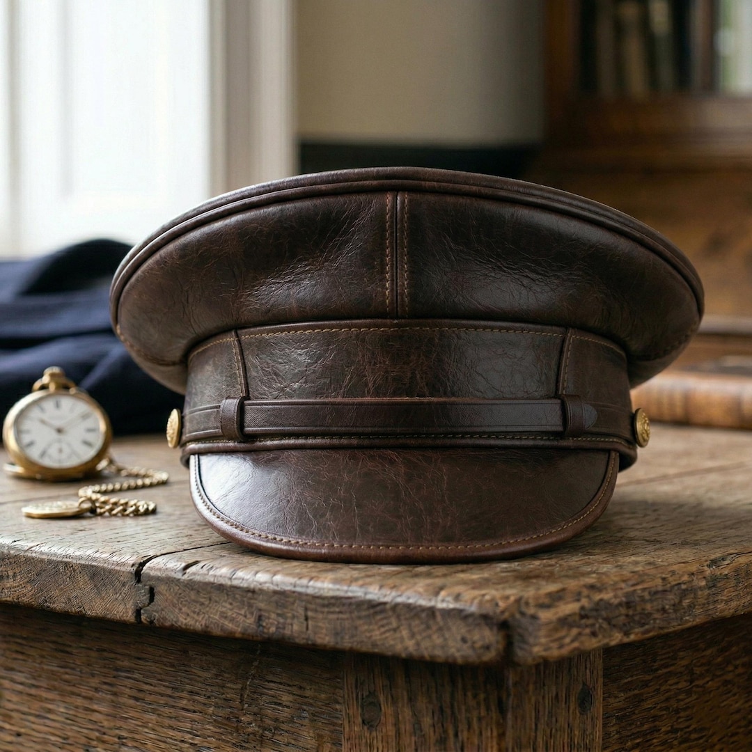 Dark Brown Leather Muir Cap, Officer Style Peaked Hat, Biker Captain ...