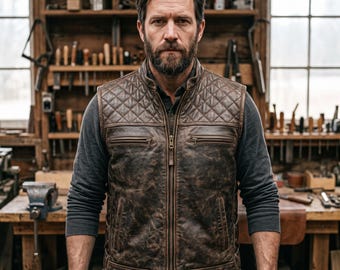 Distressed-Brown Leather Vest Men, Quilted-Lambskin Motorcycle-Vest, Biker Leather-Waistcoat with Side Lace-Up, Genuine Handmade-Vest Gift