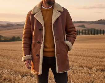 Manteau vintage en peau de mouton retournée marron pour homme, pardessus chaud en cuir véritable, blouson aviateur doublé de fourrure