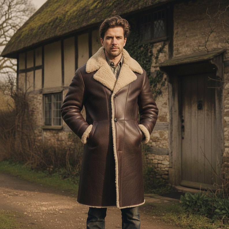 Peut inclure: Un long manteau en cuir marron avec un col et une doublure en peau de mouton cr&egrave;me. Le manteau a une fermeture &agrave; boutons et des poches. La personne se tient sur un chemin de terre devant un b&acirc;timent en pierre.