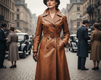 Trench-coat en cuir marron de style années 40 pour femme - Pardessus en cuir croisé cognac - Classique Mid-Century, cadeau