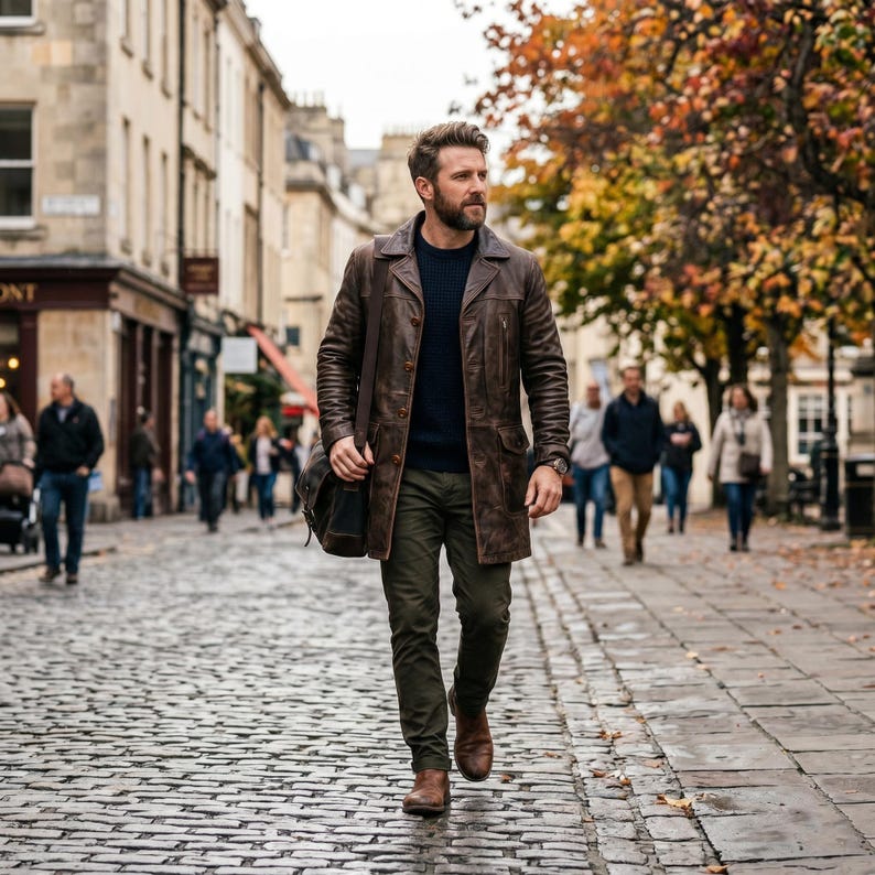 Pu&ograve; includere: Un uomo con un cappotto di pelle marrone, un maglione blu navy, pantaloni verde oliva e stivali marroni cammina per una strada acciottolata. Porta una borsa a tracolla nera. Lo sfondo mostra edifici e alberi autunnali.