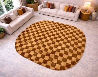 Round Checkerboard Rug, Brown Beige Neutral Modern Carpet