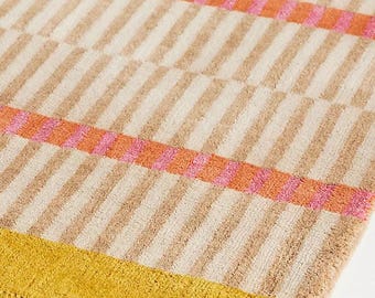 Anthropologie Striped Modern Rug – Hand Tufted Beige Pink Patterned Area Carpet 8x10, 9x12, 10x14