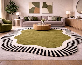 Organic Wavy Area Rug, Olive Green Statement Carpet, Black White Border