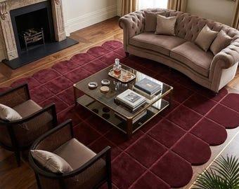 Burgundy Scalloped Rug | Modular Grid Carpet | Plush Wavy Edge Area Rug