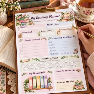 Floral Reading Planner, Editable Canva Template, 3-Page Printable Book Tracker & Reading Log PDF