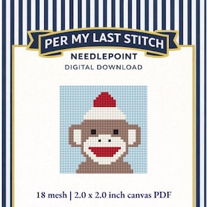 May include: Digital needlepoint pattern featuring a sock monkey design. The image includes the text "PER MY LAST STITCH" and "NEEDLEPOINT DIGITAL DOWNLOAD". The canvas size is 2.0 x 2.0 inches.