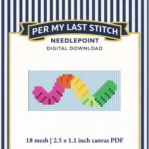 May include: Digital needlepoint pattern with the text "PER MY LAST STITCH". The design features a colorful, abstract shape in shades of pink, orange, yellow, and green on a light blue background. The canvas size is 2.5 x 1.1 inches.
