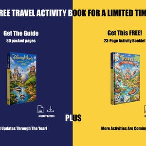May include: An advertisement for a free travel activity book. The left side features a book titled "Disney World 2026", with 80 packed pages. The right side shows a 23-page activity booklet. Both sides offer instant access.